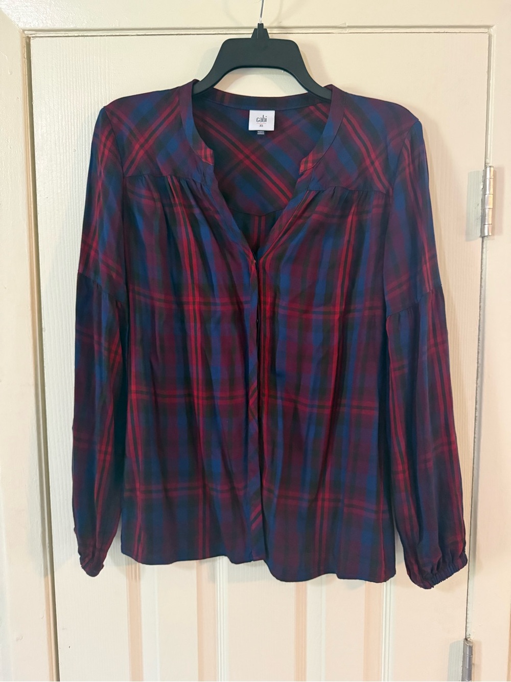 CAbi Plaid Button-Front Blouse in Red and Blue